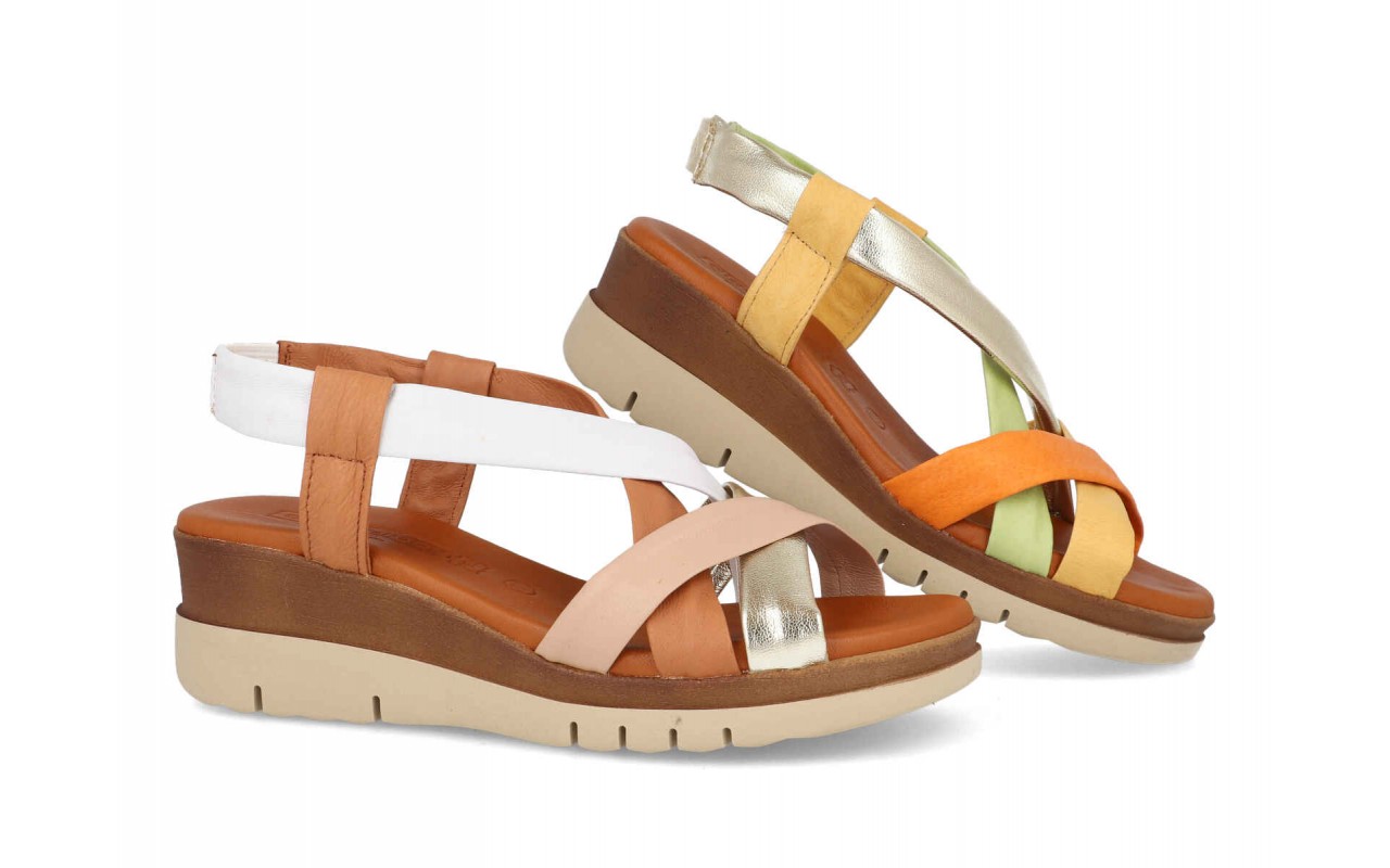 SANDALIA PARA SEÑORA EN PIEL VARIOS COLORES PLANTA DE GEL Y CUÑA DE 5CM-FABRICADO EN ESPAÑA