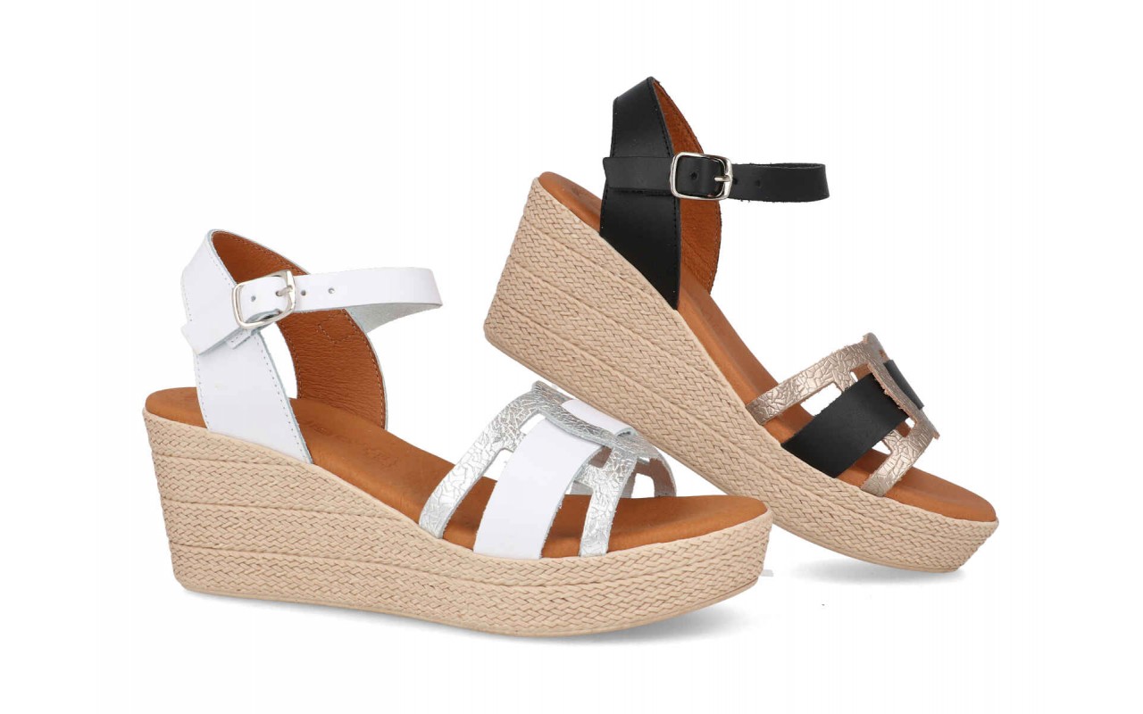 SANDALIA PARA SEÑORA EN PIEL VARIOS COLORES PLANTA DE GEL CUÑA DE 8CM-FABRICADO EN ESPAÑA