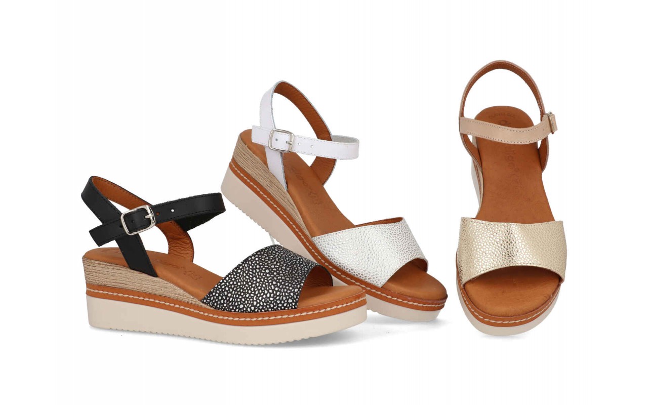 SANDALIA PARA SEÑORA CON PALA PIEL VARIOS COLORES PLANTA DE GEL CUÑA MEDIA-FABRICADO EN ESPAÑA