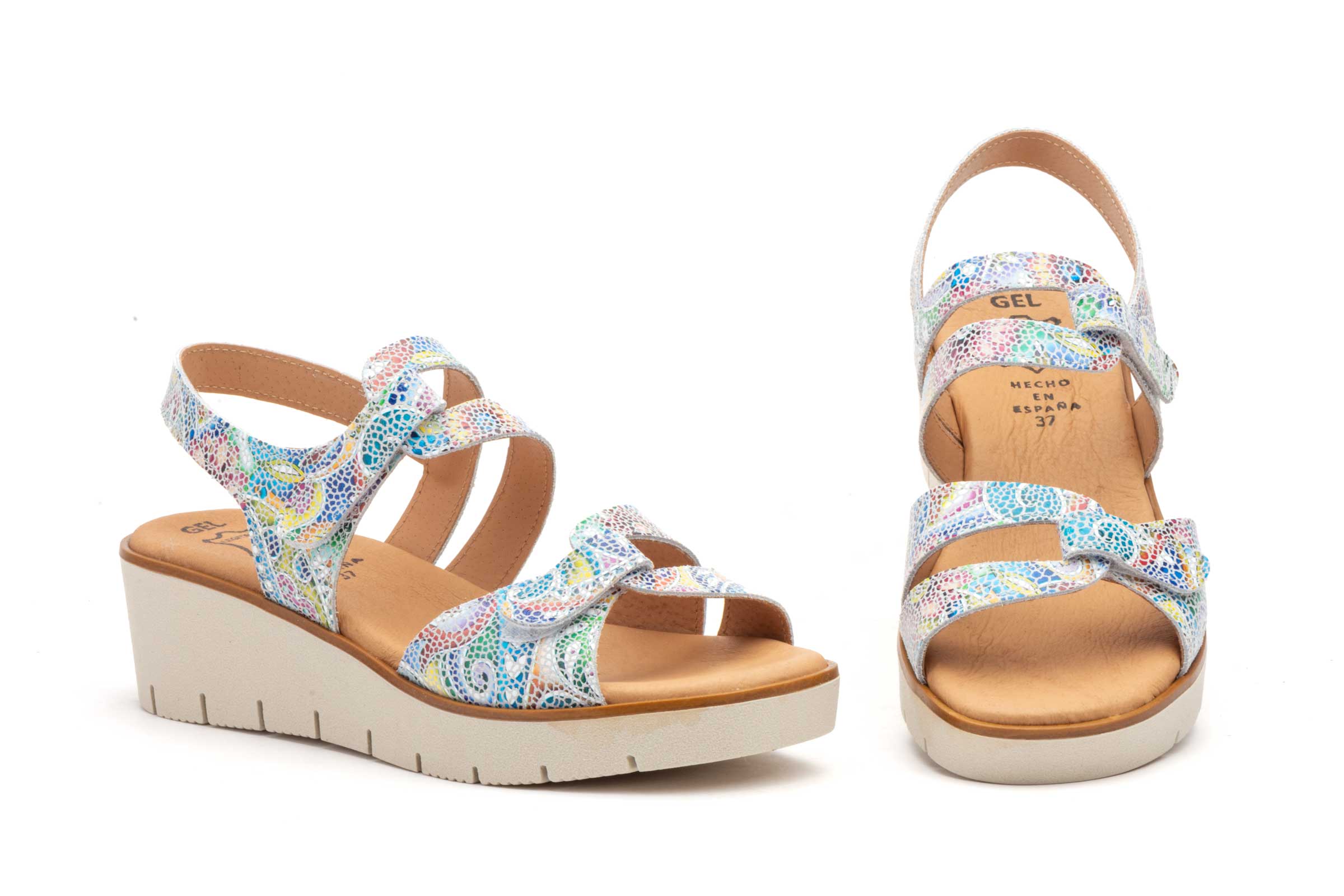 SANDALIA PARA SEÑORA CON CUÑA MEDIA PLANTA DE GEL EN PIEL ESTAMPADA DE VARIOS COLORES-FABRICADO EN ESPAÑA